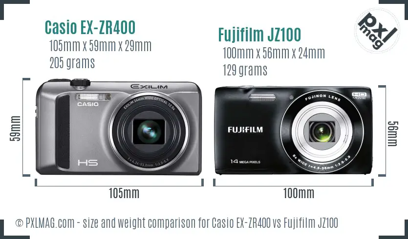Casio EX-ZR400 vs Fujifilm JZ100 size comparison
