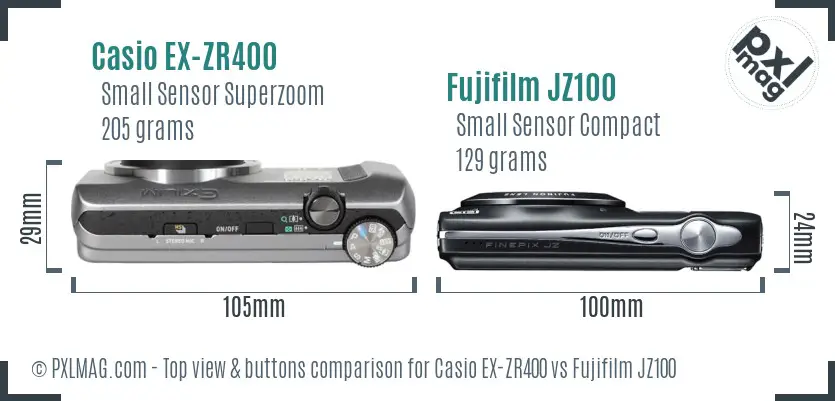 Casio EX-ZR400 vs Fujifilm JZ100 top view buttons comparison