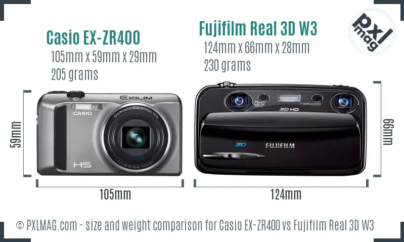 Casio EX-ZR400 vs Fujifilm Real 3D W3 size comparison Casio EX-ZR400 vs Fujifilm Real 3D W3 size comparison