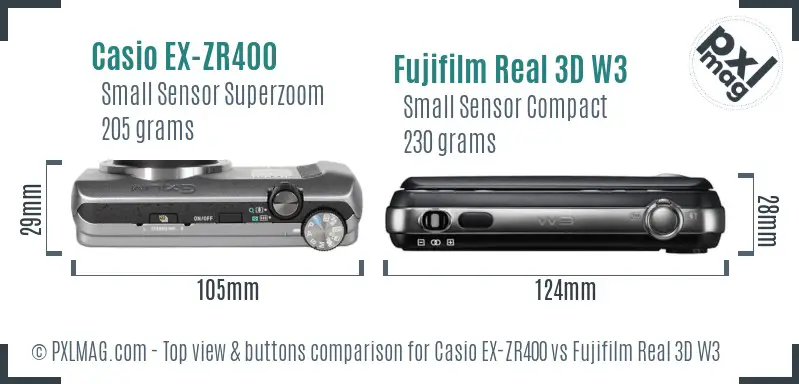Casio EX-ZR400 vs Fujifilm Real 3D W3 top view buttons comparison Casio EX-ZR400 vs Fujifilm Real 3D W3 top view buttons comparison