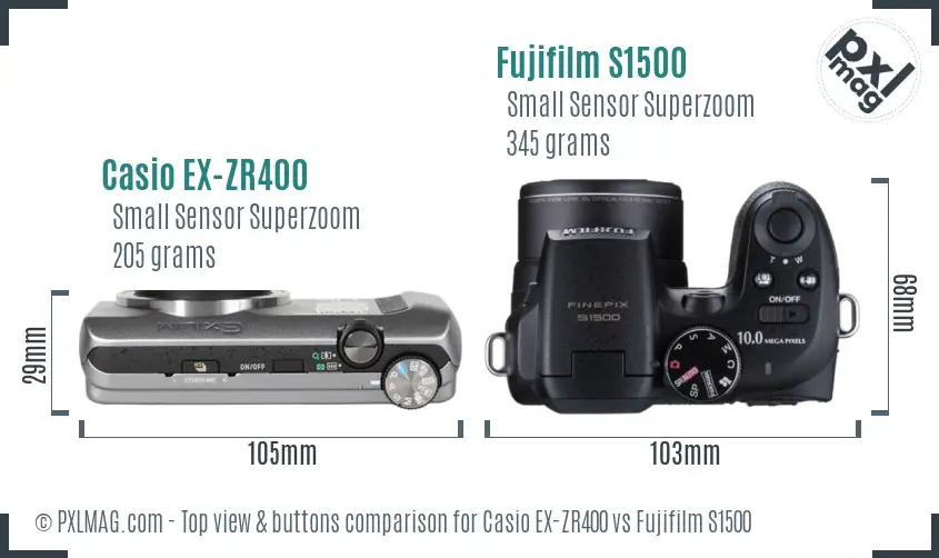 Casio EX-ZR400 vs Fujifilm S1500 top view buttons comparison