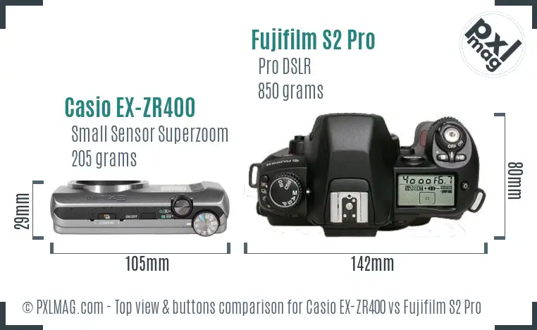 Casio EX-ZR400 vs Fujifilm S2 Pro top view buttons comparison