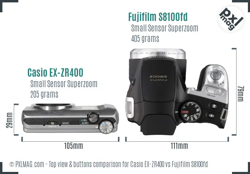 Casio EX-ZR400 vs Fujifilm S8100fd top view buttons comparison