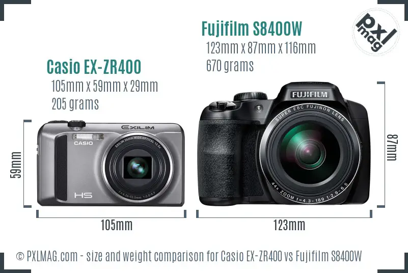 Casio EX-ZR400 vs Fujifilm S8400W size comparison