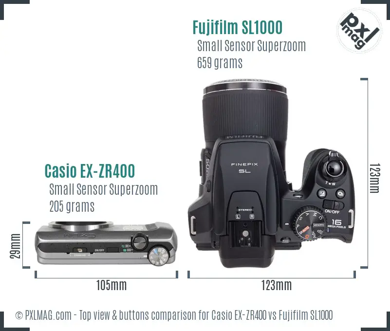 Casio EX-ZR400 vs Fujifilm SL1000 top view buttons comparison