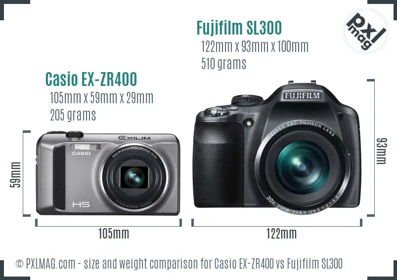 Casio EX-ZR400 vs Fujifilm SL300 size comparison