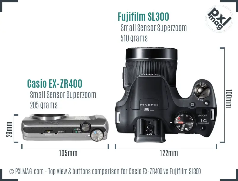 Casio EX-ZR400 vs Fujifilm SL300 top view buttons comparison