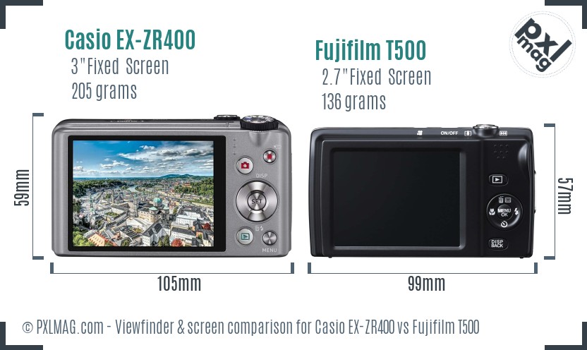 Casio EX-ZR400 vs Fujifilm T500 Screen and Viewfinder comparison