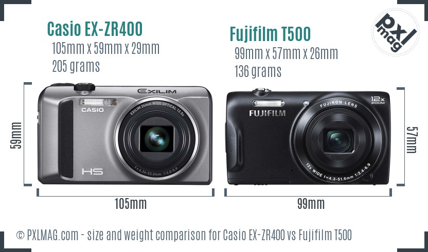Casio EX-ZR400 vs Fujifilm T500 size comparison