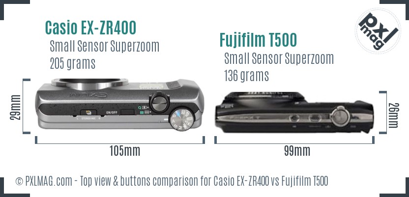 Casio EX-ZR400 vs Fujifilm T500 top view buttons comparison