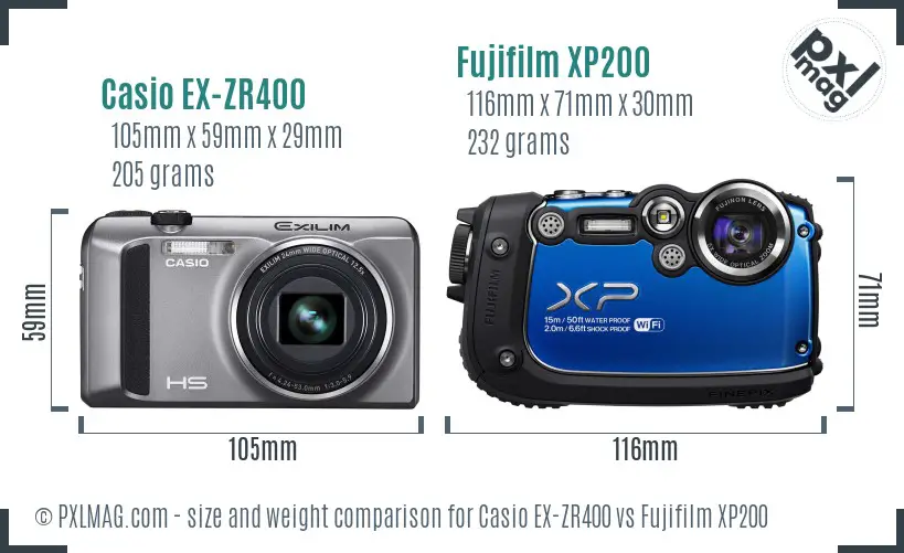 Casio EX-ZR400 vs Fujifilm XP200 size comparison