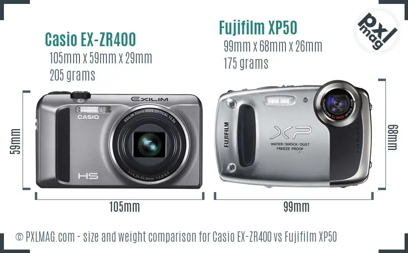 Casio EX-ZR400 vs Fujifilm XP50 size comparison