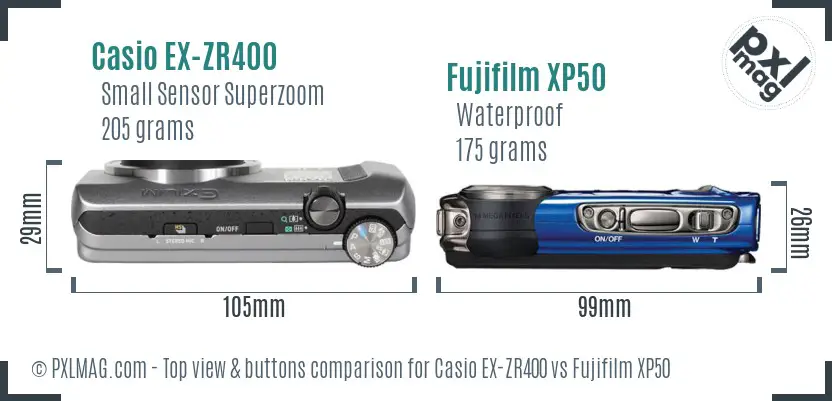 Casio EX-ZR400 vs Fujifilm XP50 top view buttons comparison