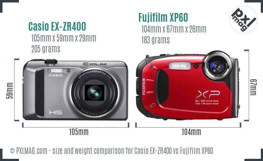 Casio EX-ZR400 vs Fujifilm XP60 size comparison