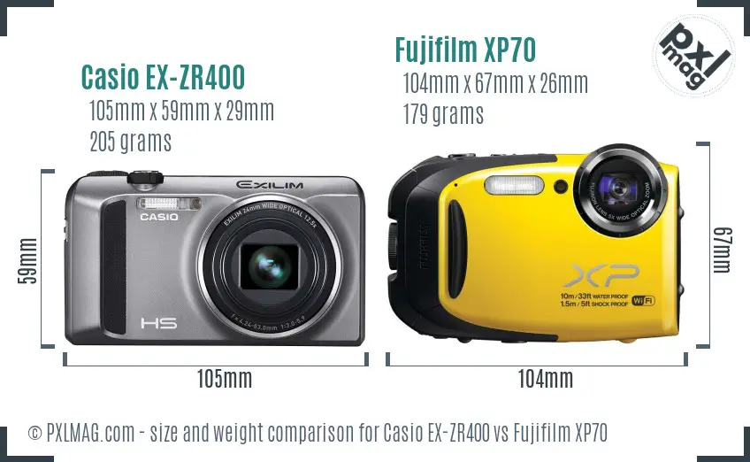 Casio EX-ZR400 vs Fujifilm XP70 size comparison