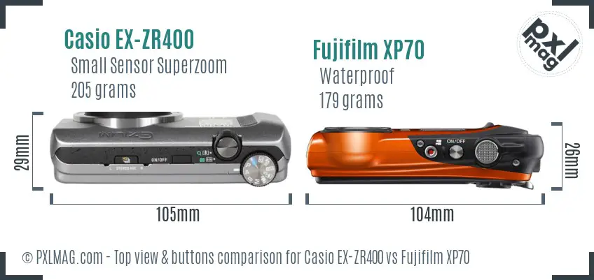 Casio EX-ZR400 vs Fujifilm XP70 top view buttons comparison