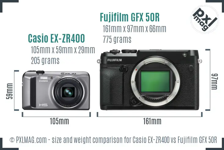 Casio EX-ZR400 vs Fujifilm GFX 50R size comparison