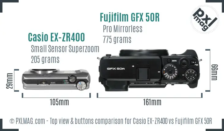 Casio EX-ZR400 vs Fujifilm GFX 50R top view buttons comparison