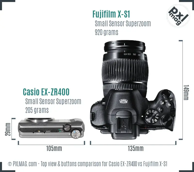 Casio EX-ZR400 vs Fujifilm X-S1 top view buttons comparison