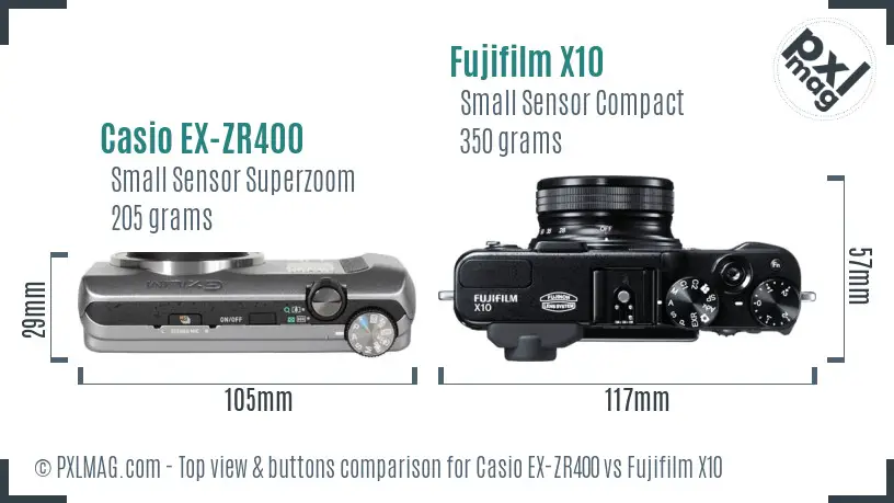 Casio EX-ZR400 vs Fujifilm X10 top view buttons comparison