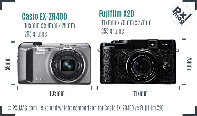 Casio EX-ZR400 vs Fujifilm X20 size comparison