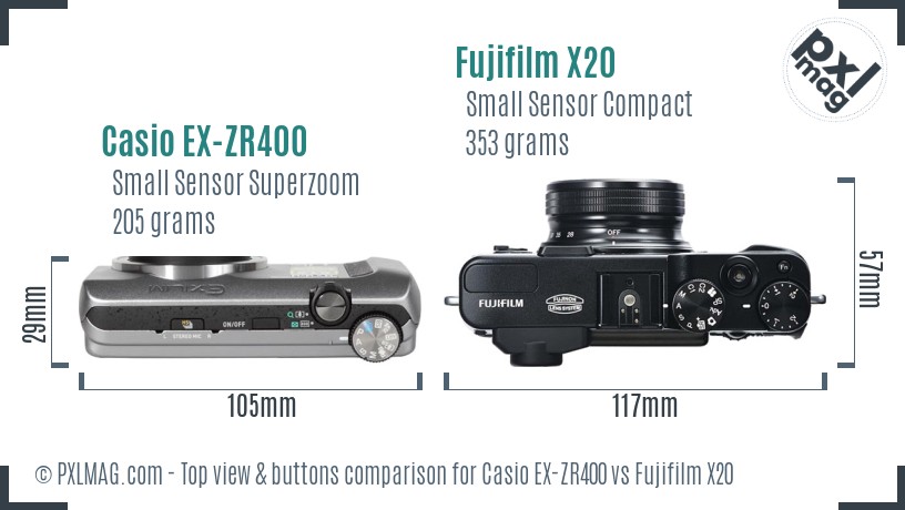 Casio EX-ZR400 vs Fujifilm X20 top view buttons comparison