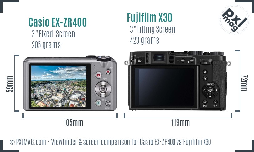 Casio EX-ZR400 vs Fujifilm X30 Screen and Viewfinder comparison