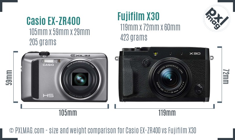 Casio EX-ZR400 vs Fujifilm X30 size comparison