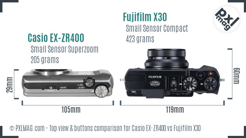 Casio EX-ZR400 vs Fujifilm X30 top view buttons comparison
