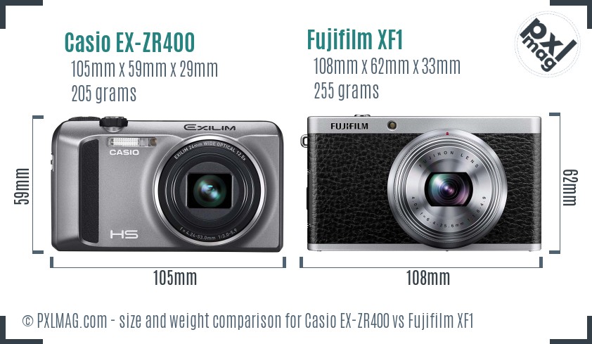 Casio EX-ZR400 vs Fujifilm XF1 size comparison