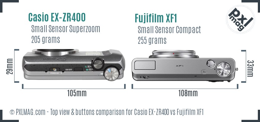Casio EX-ZR400 vs Fujifilm XF1 top view buttons comparison