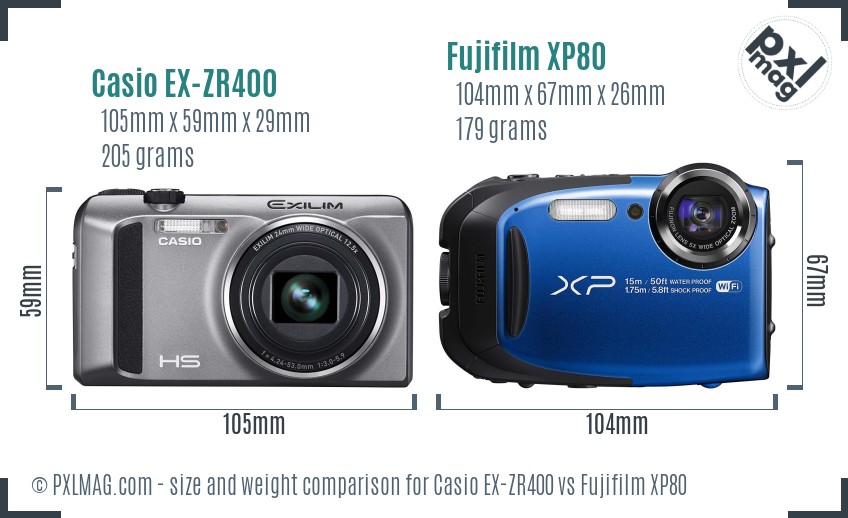 Casio EX-ZR400 vs Fujifilm XP80 size comparison Casio EX-ZR400 vs Fujifilm XP80 size comparison