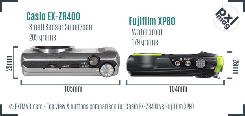 Casio EX-ZR400 vs Fujifilm XP80 top view buttons comparison