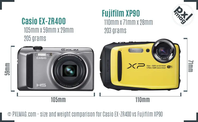 Casio EX-ZR400 vs Fujifilm XP90 size comparison Casio EX-ZR400 vs Fujifilm XP90 size comparison