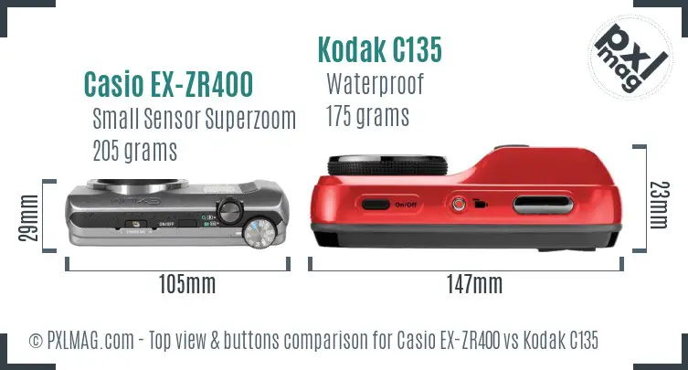 Casio EX-ZR400 vs Kodak C135 top view buttons comparison Casio EX-ZR400 vs Kodak C135 top view buttons comparison