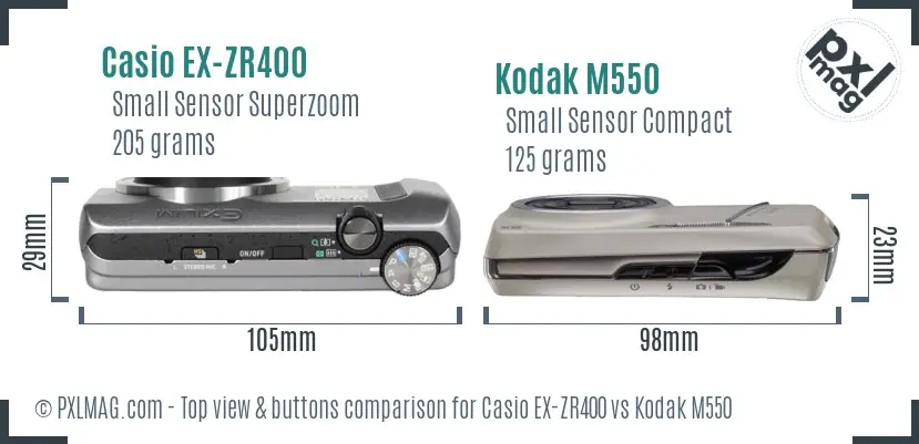 Casio EX-ZR400 vs Kodak M550 top view buttons comparison Casio EX-ZR400 vs Kodak M550 top view buttons comparison