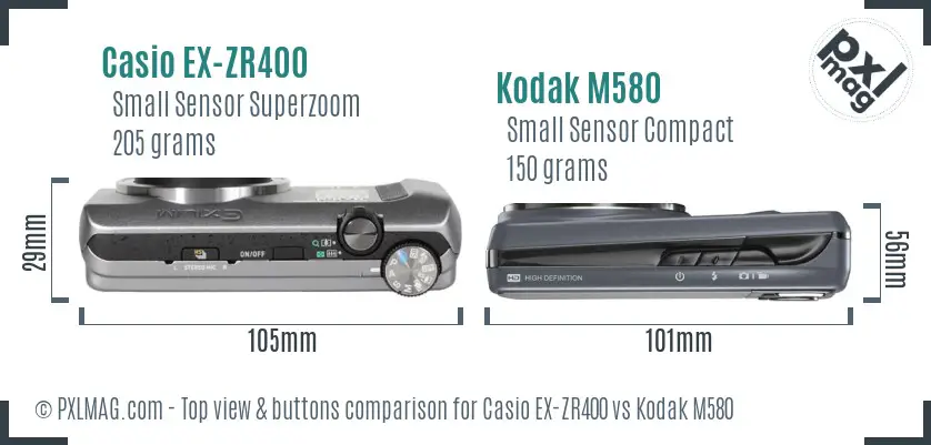 Casio EX-ZR400 vs Kodak M580 top view buttons comparison Casio EX-ZR400 vs Kodak M580 top view buttons comparison