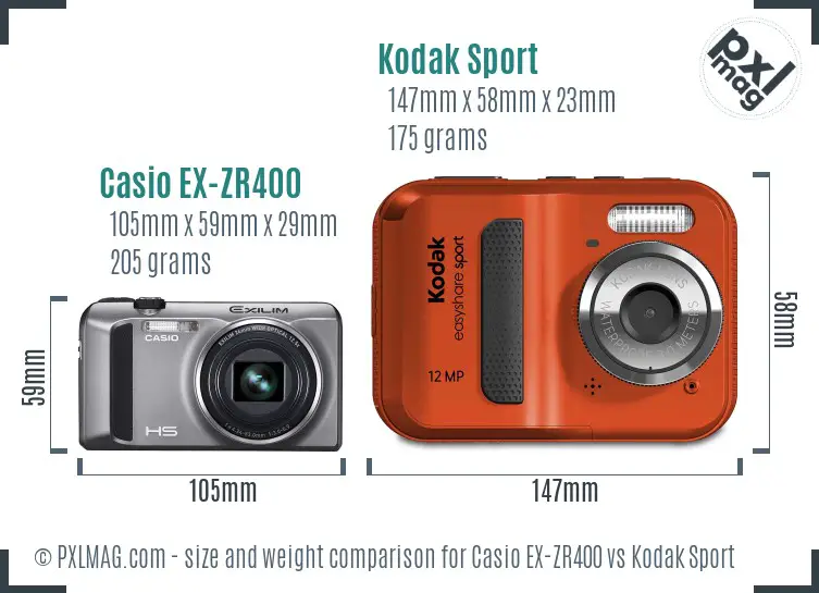 Casio EX-ZR400 vs Kodak Sport size comparison Casio EX-ZR400 vs Kodak Sport size comparison