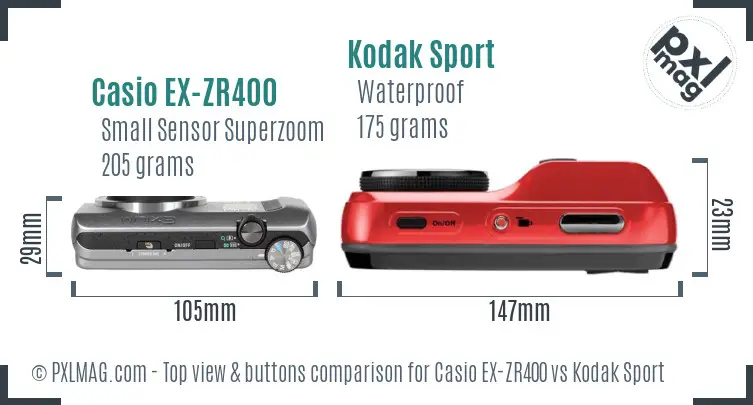 Casio EX-ZR400 vs Kodak Sport top view buttons comparison Casio EX-ZR400 vs Kodak Sport top view buttons comparison