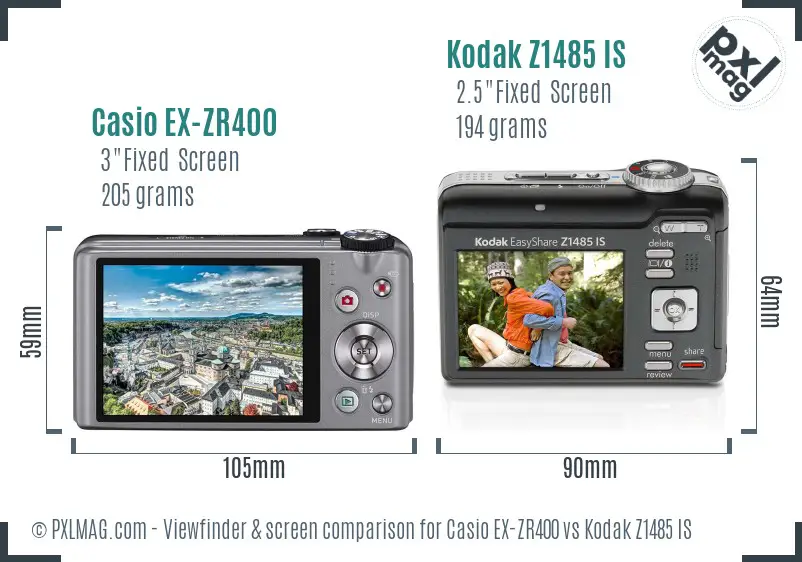 Casio EX-ZR400 vs Kodak Z1485 IS Screen and Viewfinder comparison