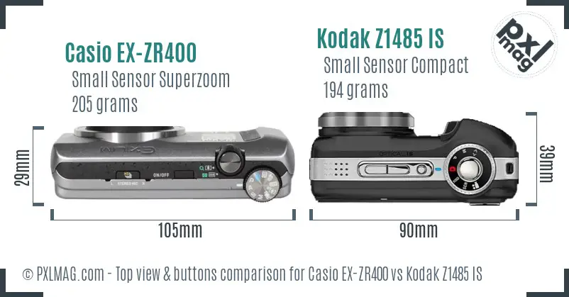 Casio EX-ZR400 vs Kodak Z1485 IS top view buttons comparison