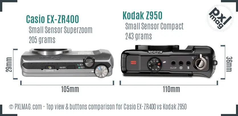 Casio EX-ZR400 vs Kodak Z950 top view buttons comparison