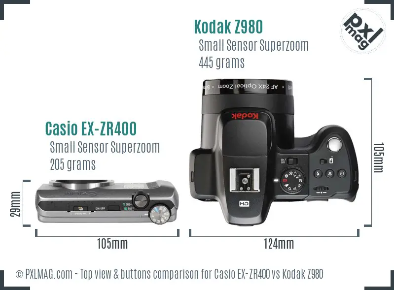 Casio EX-ZR400 vs Kodak Z980 top view buttons comparison Casio EX-ZR400 vs Kodak Z980 top view buttons comparison