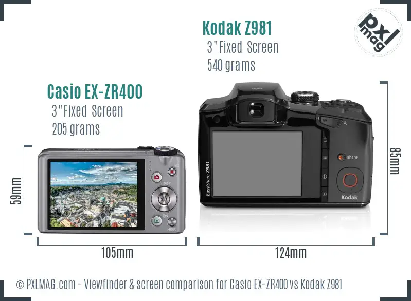 Casio EX-ZR400 vs Kodak Z981 Screen and Viewfinder comparison