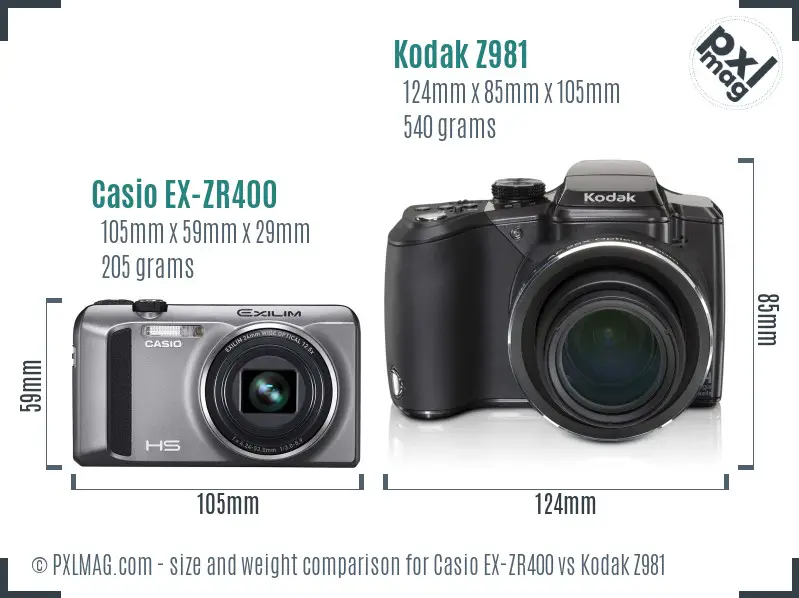 Casio EX-ZR400 vs Kodak Z981 size comparison
