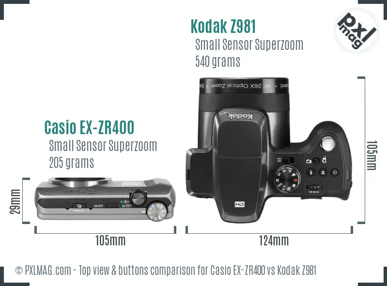 Casio EX-ZR400 vs Kodak Z981 top view buttons comparison