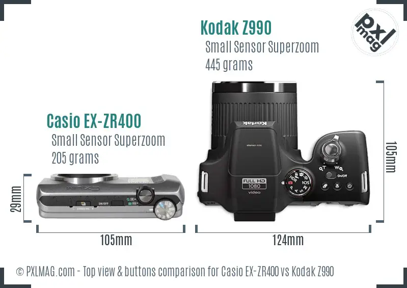 Casio EX-ZR400 vs Kodak Z990 top view buttons comparison