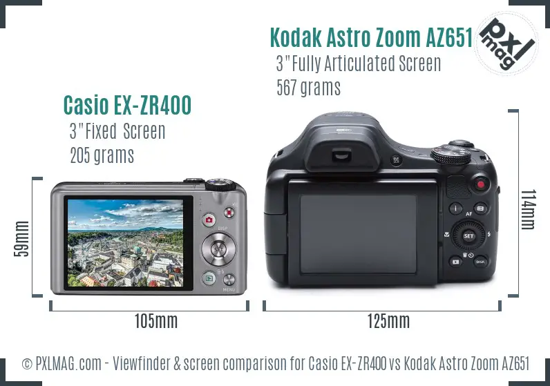 Casio EX-ZR400 vs Kodak Astro Zoom AZ651 Screen and Viewfinder comparison