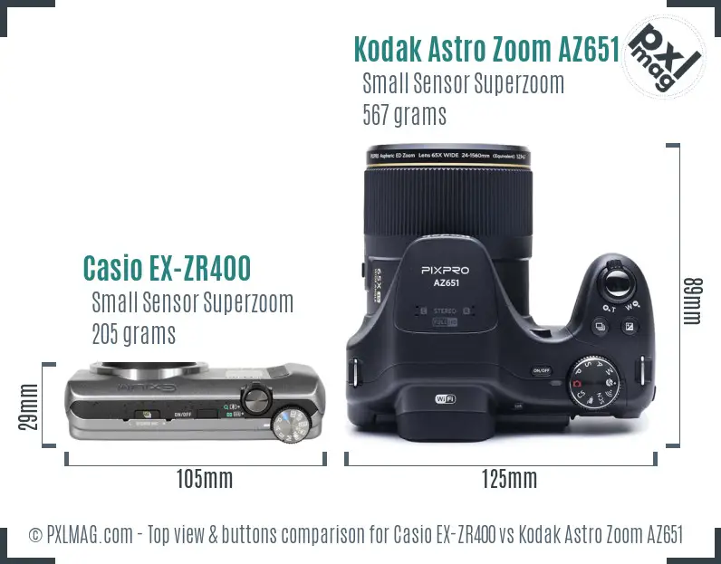 Casio EX-ZR400 vs Kodak Astro Zoom AZ651 top view buttons comparison