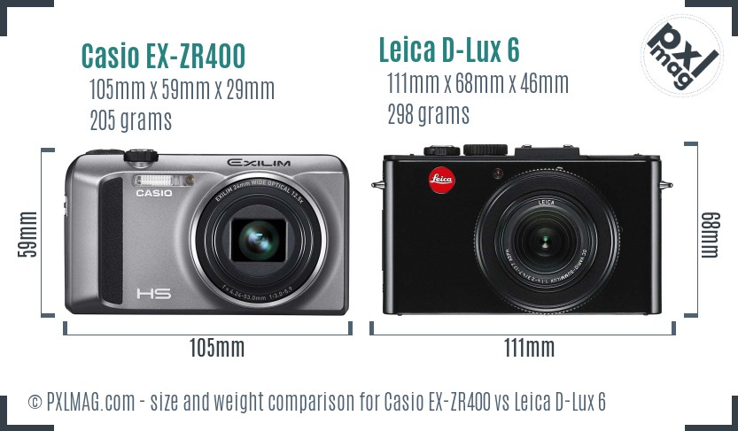 Casio EX-ZR400 vs Leica D-Lux 6 size comparison